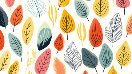 Abstract plant leaf art seamless pattern with colorful freehand doodle collage. Organic leaves cartoon background, simple nature shapes in vintage. generative ai. - obrazy, fototapety, plakaty