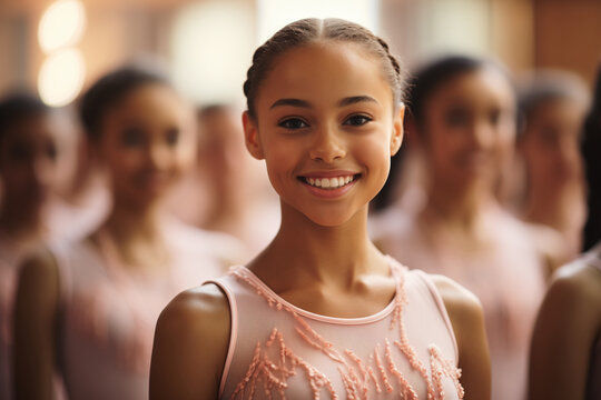 Portrait of african american adorable little ballerina, with other girls practicing ballet in studio, rehearsal befor performance in dance suits.