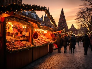 Christmas trees and decorations adorning a shop front at a winter street market