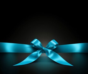 Beautiful shiny cyan blue bow and ribbon on black background wallpaper, business customer advantage or gift to beloved one, birthday card or Christmas present symbol, blank space banner art pattern