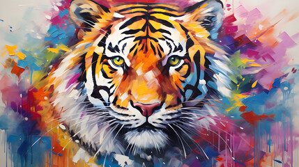 Animal head, portrait art - Colorful abstract oil acrylic painting of colorful tiger.. generative ai.