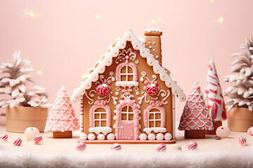 Christmas gingerbread house on pastel beige background - obrazy, fototapety, plakaty