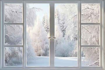 Winter landscape scene looking out through window