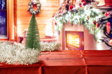 Wooden desk of free space and christmas interior. Empty space for your products and winter time. 