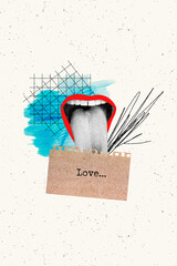 Vertical collage picture of black white colors mouth tongue out stick paper page love text isolated...