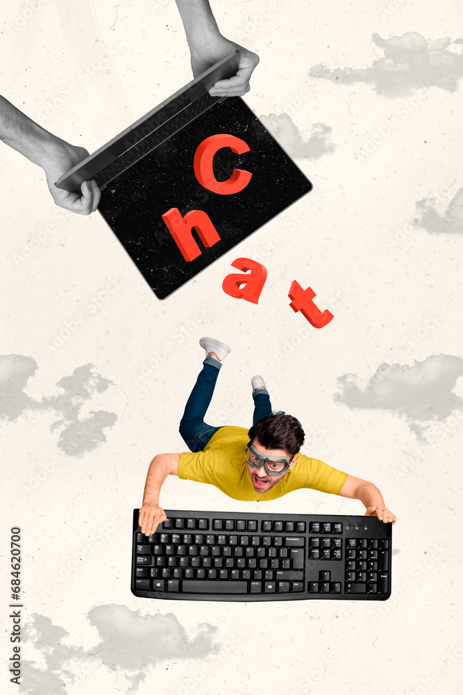 Poster picture 3d collage sketch of funky happy guy programmer chatting online modern technology isolated o