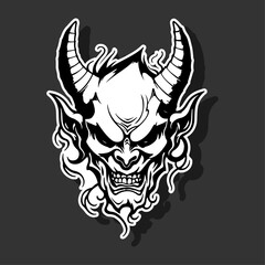 Silhouette demon face icon. Vector illustration design. tattoo and t-shirt design black and white hand drawn horned devil head face Demon head, Devil horn mask Scary mask isolated sticker