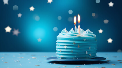 Birthday blue cake with frosting and lit birthday candles ready for a birthday party, blue background - obrazy, fototapety, plakaty