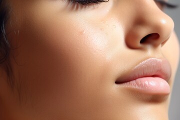 Woman with atopic eczema, close-up on cheek face, skin problem	
