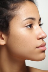 Naklejka premium Woman with atopic eczema, close-up on cheek face, skin problem 