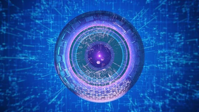 Digital interface themed motion background depicting a cybernetic eye with blue data stream