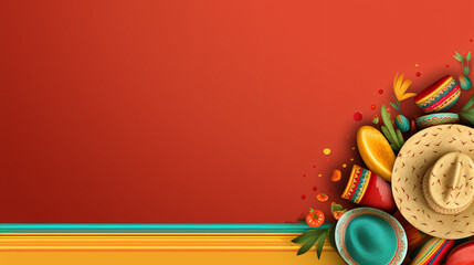 Colorful Mexican food background with sombrero