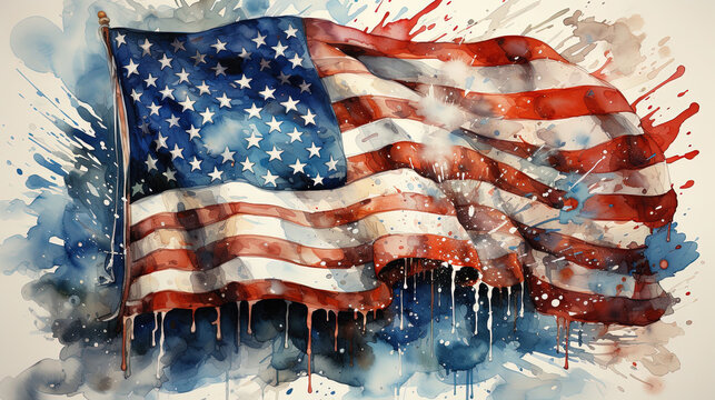 Artistic Watercolor Oil Painting of USA Flag Splatter Color On White Background