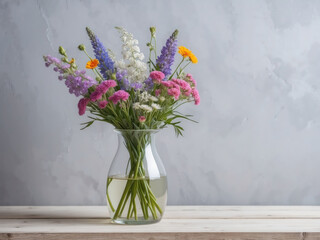 Field flower bouquet in glass vase on table against gray wall generated by AI