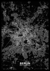 Berlin map. Detailed dark map poster of Berlin (Germany). Scheme of the city with roads, highways, railways, buildings, rivers etc. - 684621551