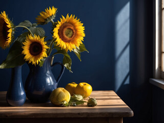 A bunch of sunflowers are on a table with a blue background generated by AI © Nastassia