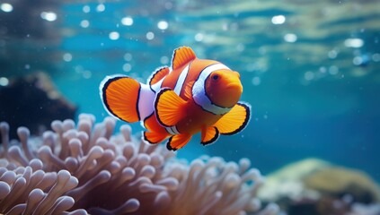 Fototapeta na wymiar Clownfish swimming among anemones at the bottom of the sea. Generative AI