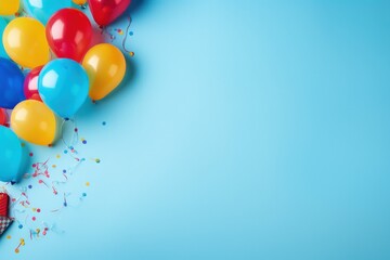 Colorful balloons on blue background, festive decoration. Generative AI