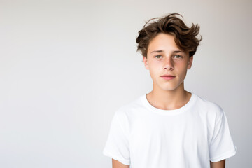 Portrait of a good looking teenager, boy, neutral expression, white and neutral teeshirt and background, serious