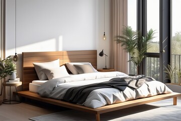 Cozy bedroom on morning light in white and grey colors, wooden headboard and house plants in pots. AI generated