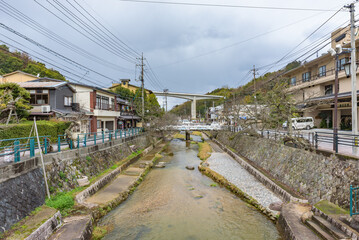 Fototapeta na wymiar SHIMANE, JAPAN - FEB 21, 2023: Street view of Tamatsukuri-Onsen in Mihonoseki, Matsue City, Shimane Prefecture, Japan.