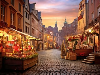 Imagine a picturesque scene bathed in the soft, golden glow of the setting sun, capturing the enchantment of a Christmas holiday market. The air is filled with excitement and the cheerful chatter of p - obrazy, fototapety, plakaty