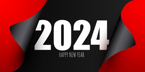 Happy New Year 2024 greeting card design template. Calendar page turns over. - obrazy, fototapety, plakaty