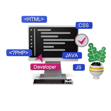 3D Illustration of a Web Developer's Desktop with Programming Languages Icons. 