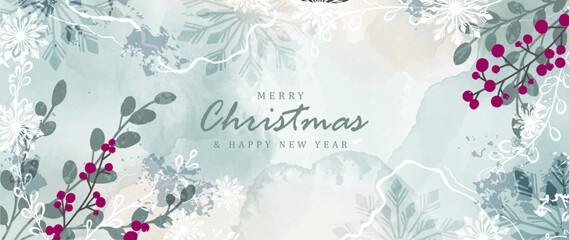 New Year and Christmas winter watercolor card, poster, banner with berries, snowflakes and various branches