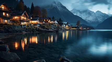 Landscape of A small Norwegian fishing town in the mountains, night lighting for houses and town street, surface of a sea