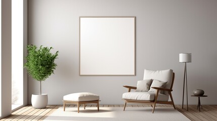 interior of a room with white empty mock frame and plants