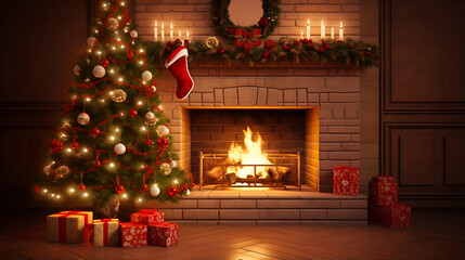 christmas tree and fireplace,christmas tree with fireplace,Holiday Hearth: Christmas Tree and Fireplace Ambiance,Fireplace Charm: Illuminated Christmas Tree Setting,Seasonal Warmth: Christmas Tree