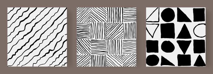 Fototapeta premium Set of three black and white abstract geometric paintings for home decor, wall decoration and interior designs