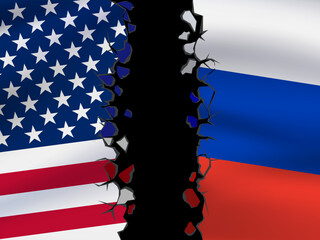 Flags of Russia and USA with cracks. Economic sanctions against the Russian Federation. vector illustration.