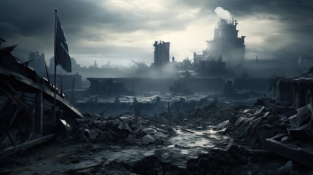 Flags flying on a battlefield filled with damaged buildings.