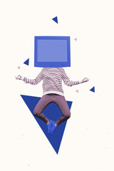 Vertical composite collage picture of headless anonymous person tv newscaster jumping balance in...
