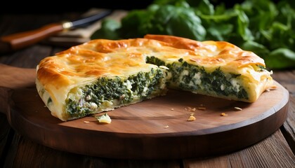 Homemade pie with spinach and feta cheese on a wooden background, Pie with spinach and cheese on a cutting board. - obrazy, fototapety, plakaty