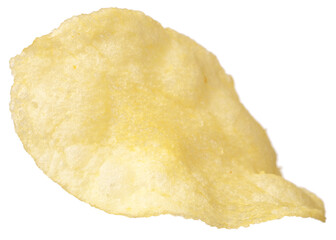 Single potato chip isolated on white background.