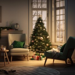 a family room with a small christmas tree and a green chair