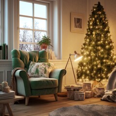 a family room with a small christmas tree and a green chair