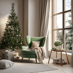 a family room with a small christmas tree and a green chair