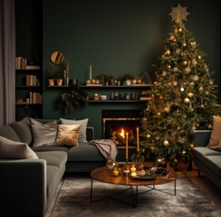a grey living space decorated for christmas, with a wreath, christmas tree and two grey sofas,