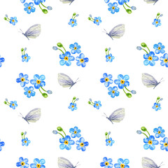 watercolor seamless pattern with blue spring flowers and butterfly, illustration of forget me not flowers and buds, hand drawn sketch of blue field flowers and butterfly isolated on white background