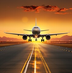 Fototapeta na wymiar a jet airplane landing on a runway at sunset,