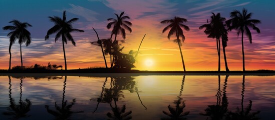 Obraz premium a group of palm trees in silhouette with ocean along the lake