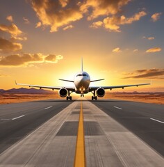 a jet airplane landing on a runway at sunset,