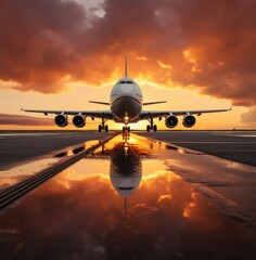 Fototapeta na wymiar large jet landing at a runway in a sky that is filled with white clouds with an orange sunset behind it