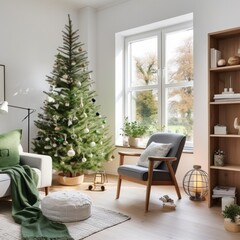 a living room with a green christmas tree and chairs,