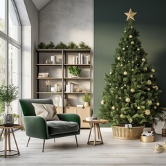 a living room with a green christmas tree and chairs,
