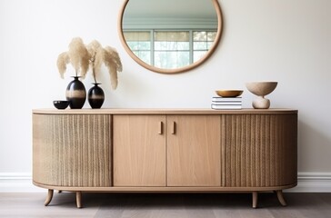 a sideboard with a cabinet and a lamp